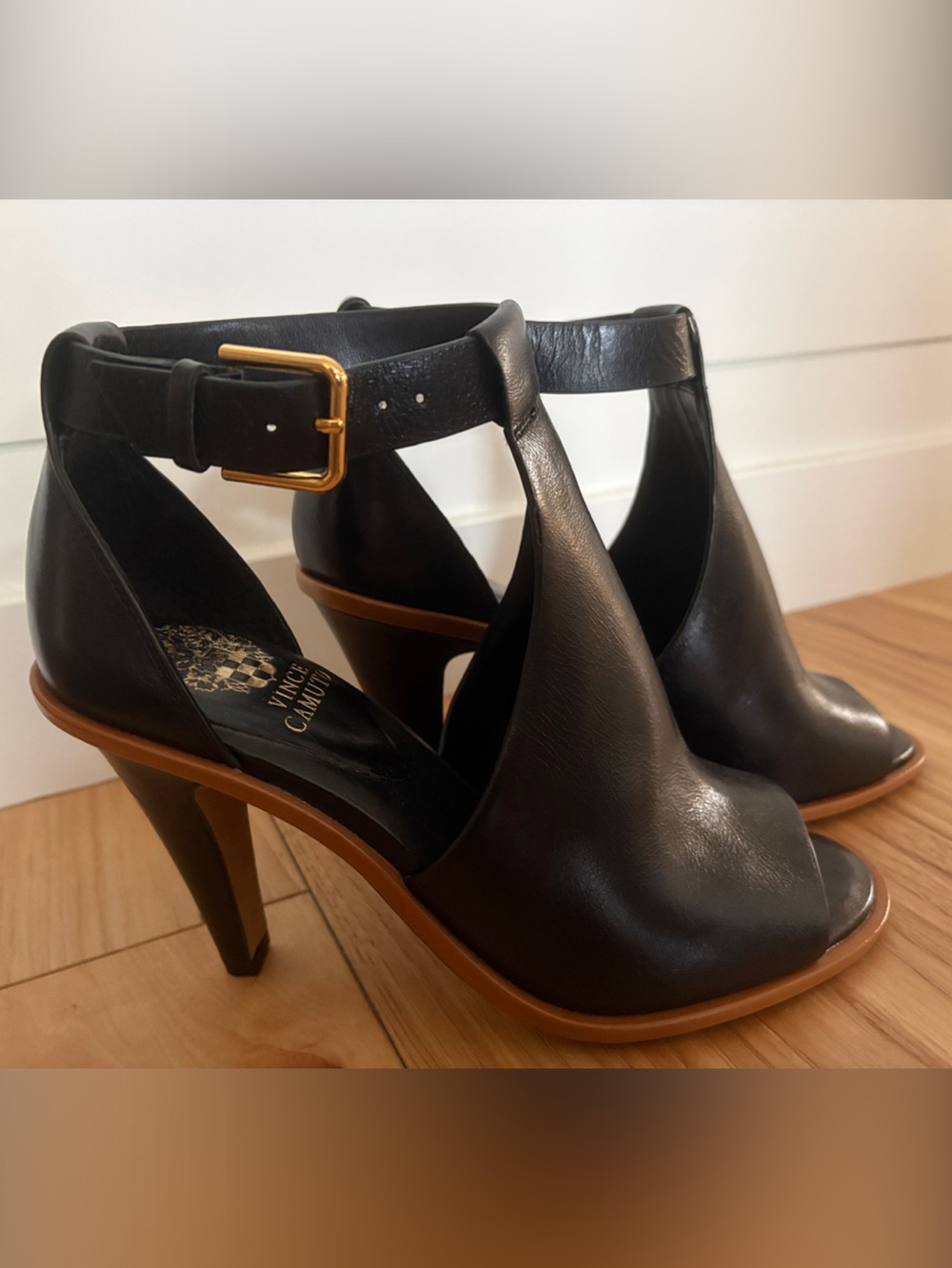 Vince Camuto Black Leather Peep-Toe Ankle-Heels with Gold Buckle